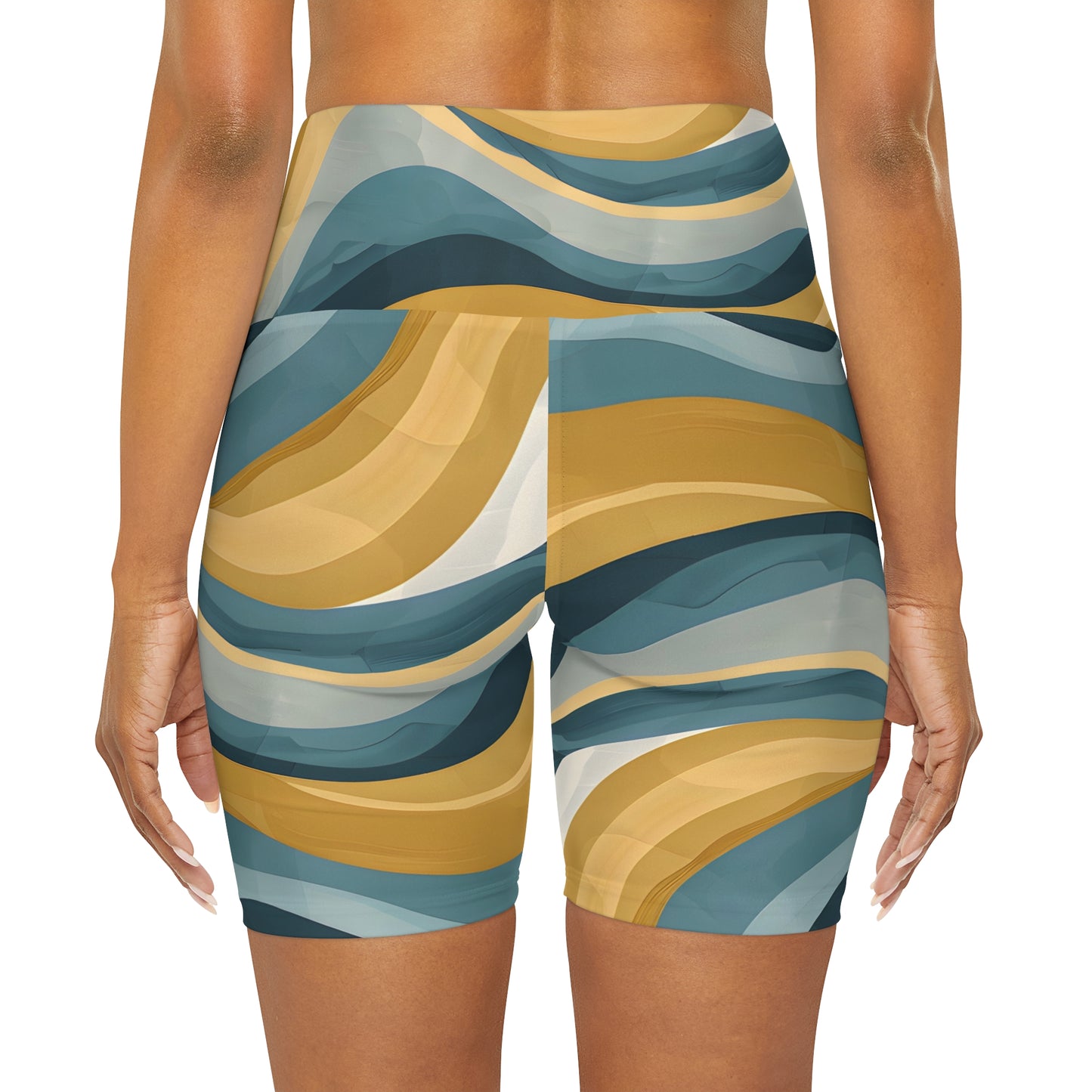 Women's Turquoise Gold Waves Yoga Shorts