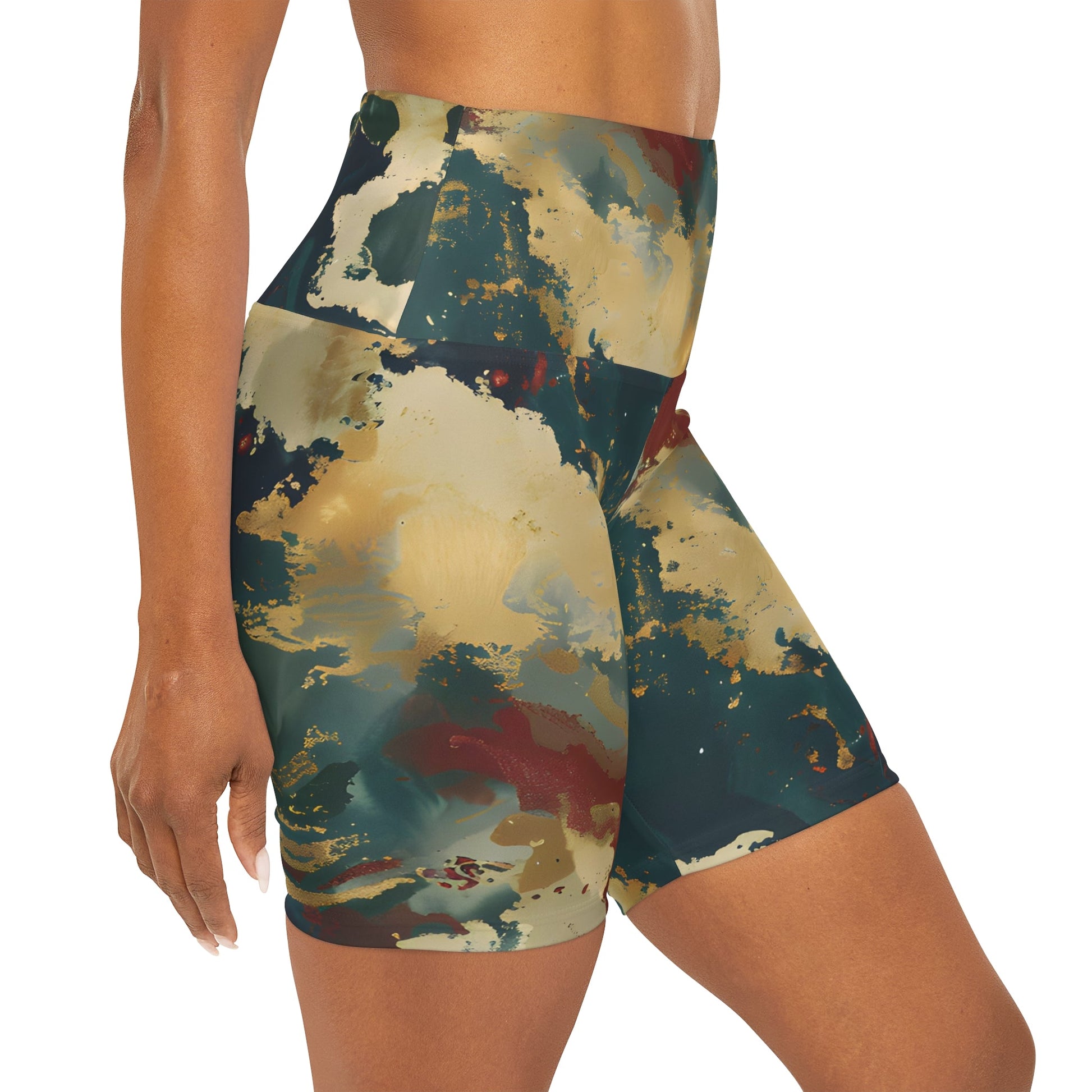 Women's Abstract Navy Green Yoga Shorts - Taigora