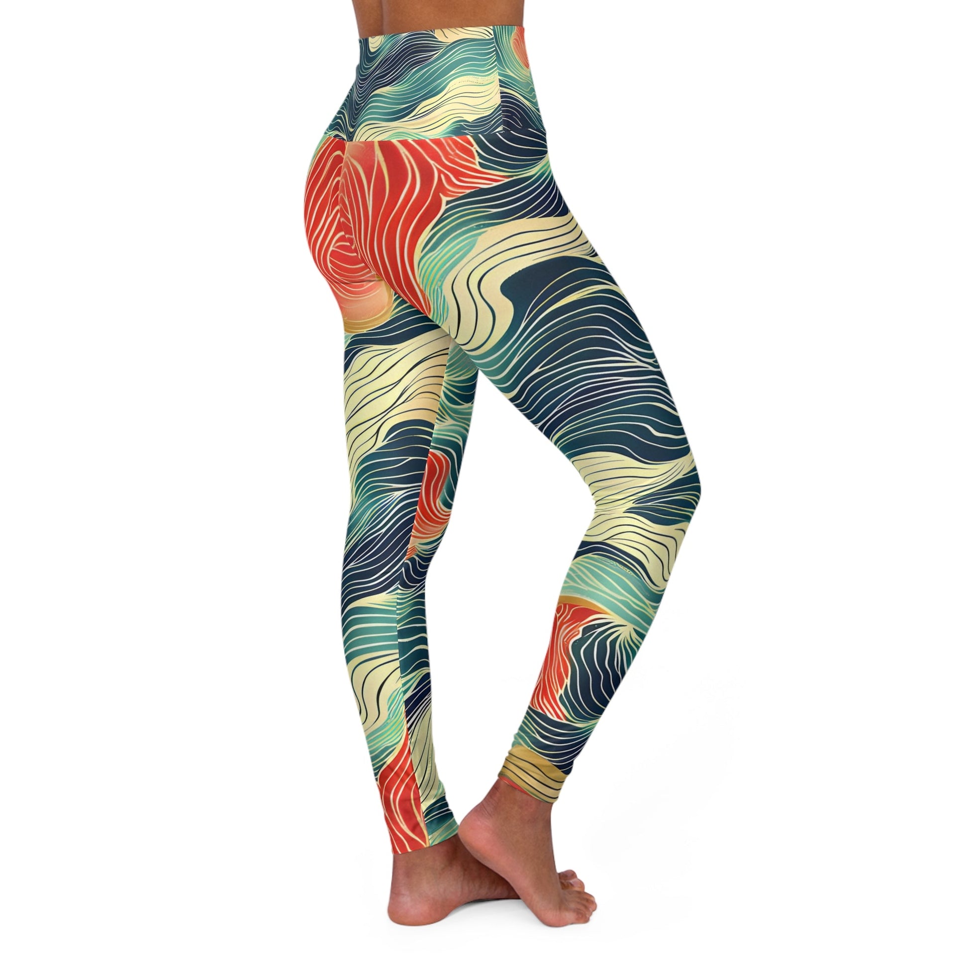 Women's Abstract Teal Coral Yoga Leggings - Taigora