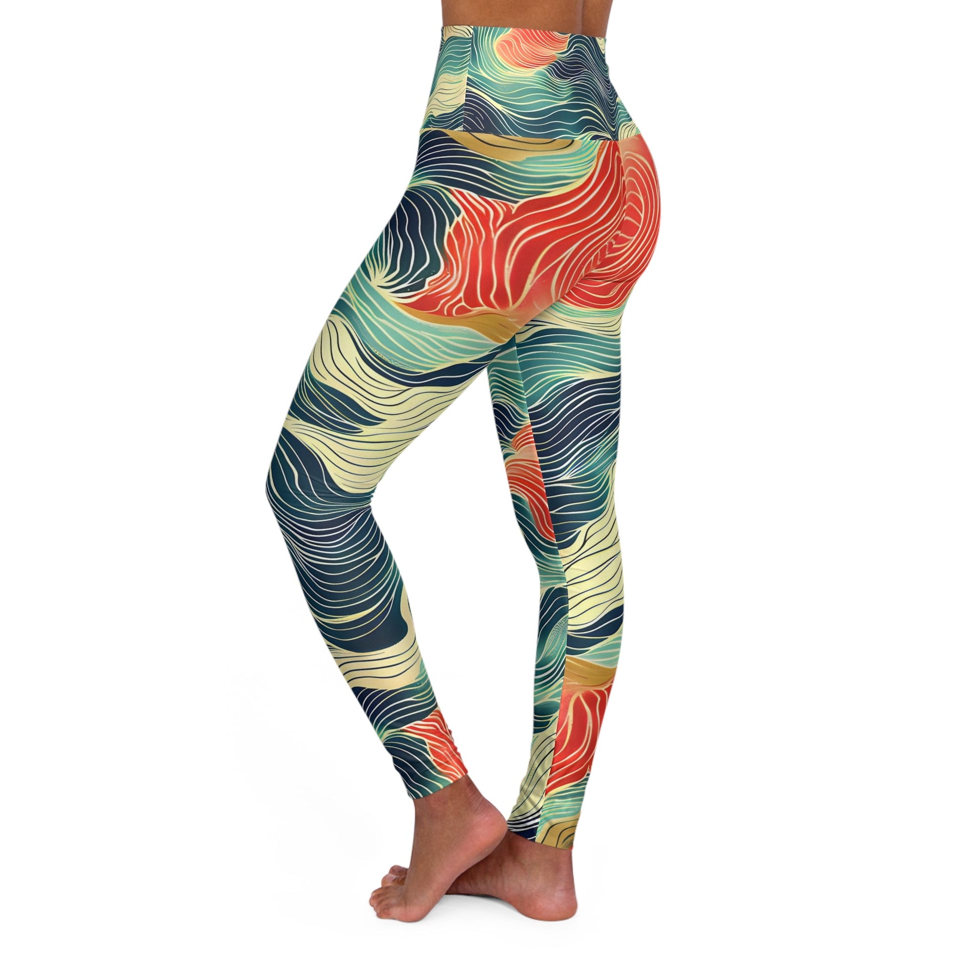 Women's Abstract Teal Coral Yoga Leggings - Taigora