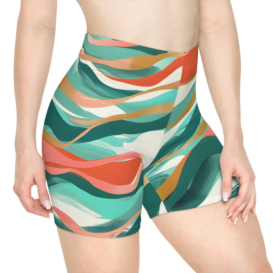 Women's Waves Turquoise Coral Urban Bike Shorts - Taigora